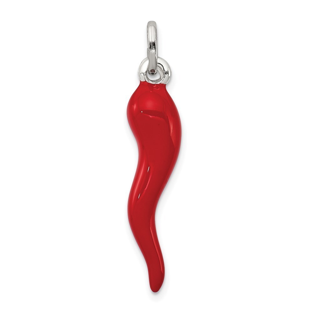 925 Sterling Silver Red Enamel Italian Horn Cornicello Necklace Pendant